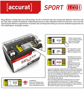 Accurat Sport GEL LCD YT12B-BS Batteries moto 10Ah 12V (DIN 51015) YT12B-4 YG12B-4